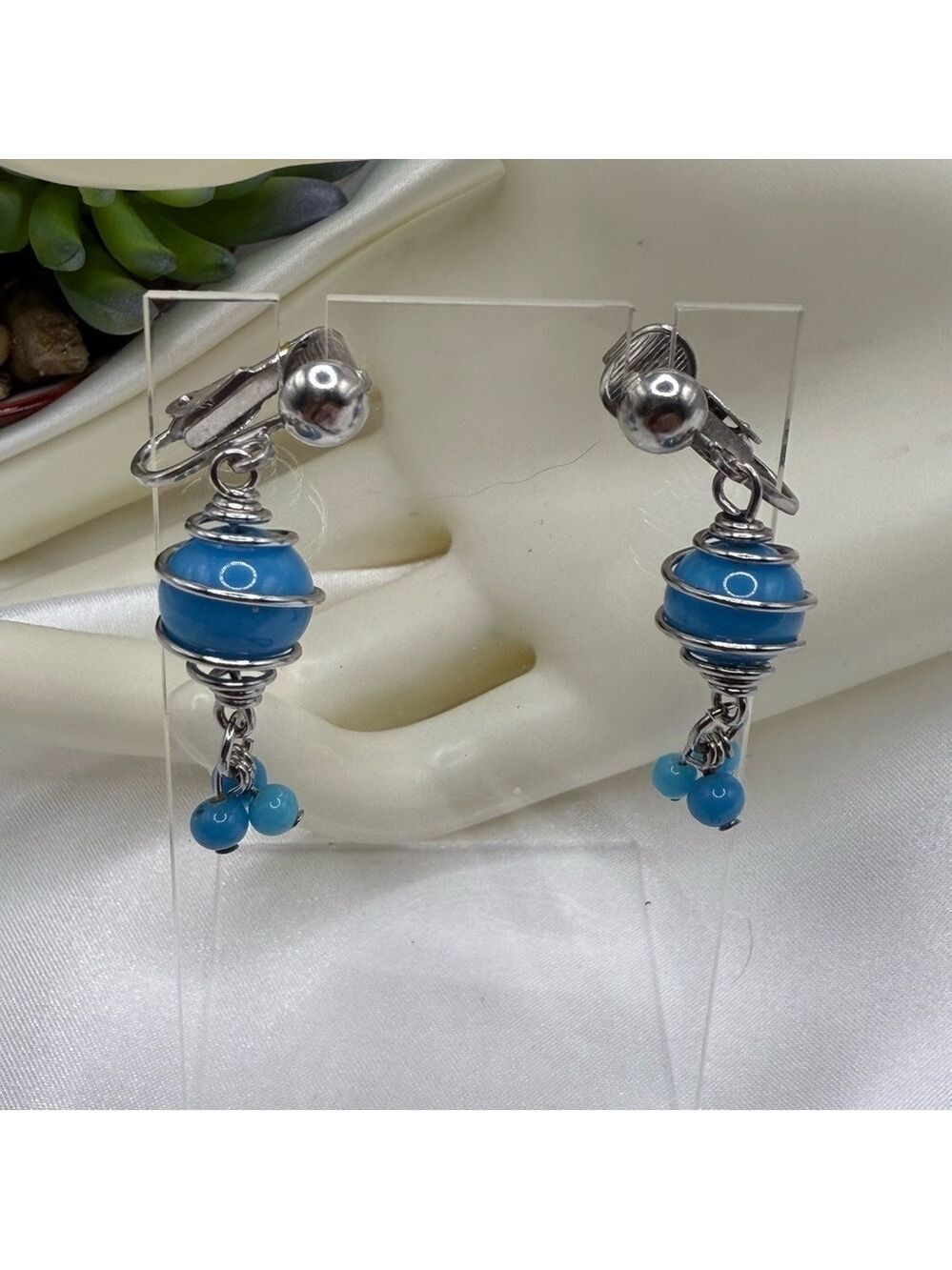 Vintage Turquoise Glass Bead Dangle Drop Earrings